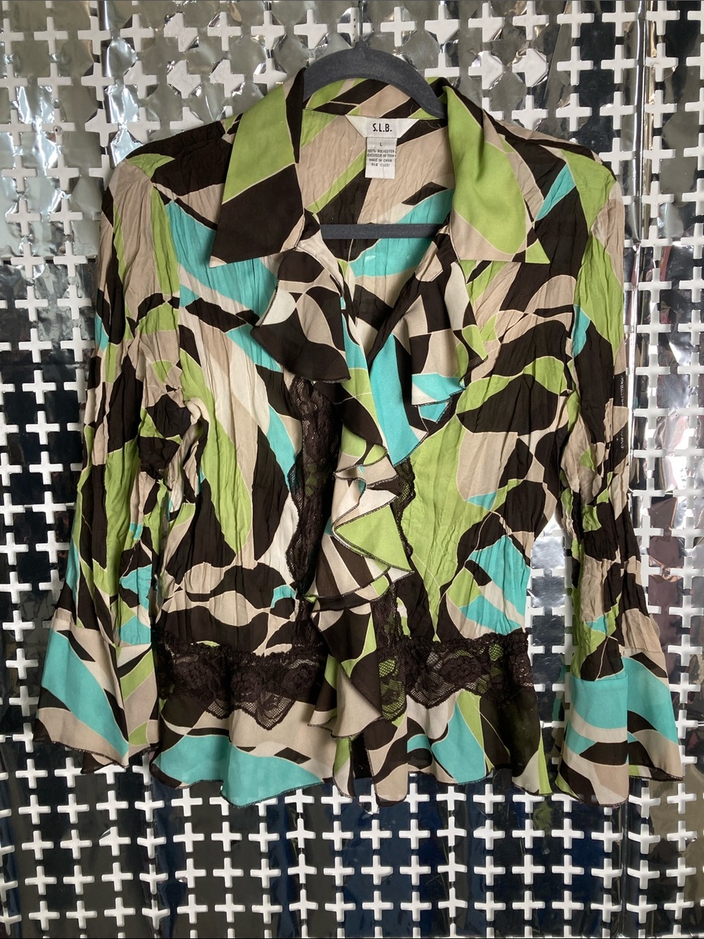 S.L.B. Ruffle Front Abstract Print Blouse in Green & Teal